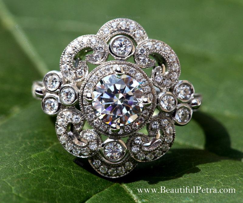 زفاف - DUCHESS - 14k white gold - Floral - Round Diamond Engagement Ring or RIGHT Hand Ring Semi Mount - Setting ONLY - Weddings - Luxury - Bp0012