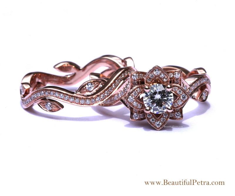 Mariage - BLOOMING Work Of Art - Flower Rose  Lotus Diamond Engagement Wedding Ring Set - 14K - brides - fL07 Beautiful Petra Patented design