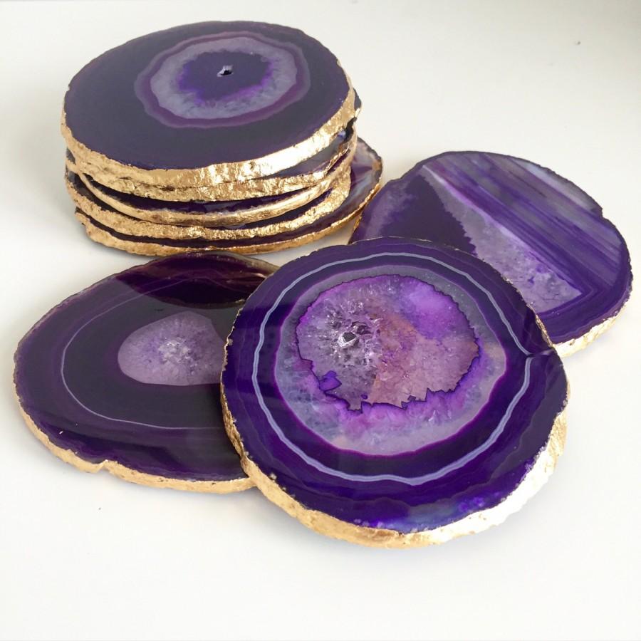 Свадьба - Puple agate slice coasters. Set of four. Crystal Quartz. Coffee table decor. Boho chic home decor. 24 carat gold leaf. Present