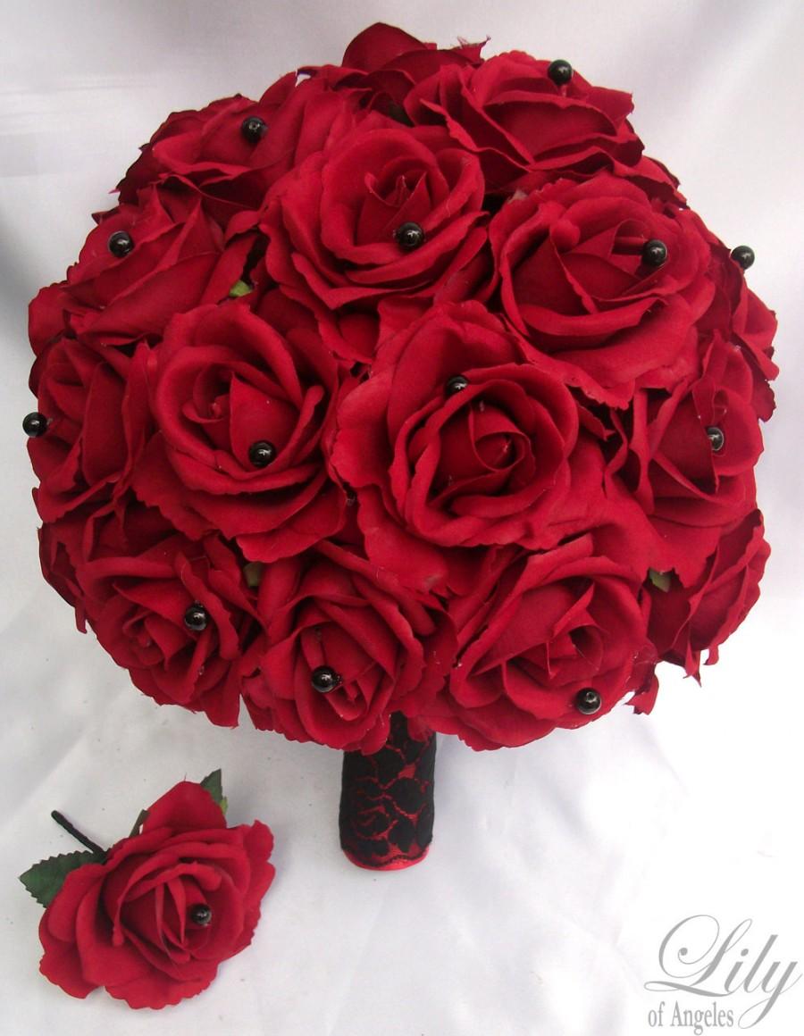 Wedding - Bridal Bride Bouquet Groom Boutonniere Wedding Elegant Set Roses RED BLACK PEARL "Lily of Angeles" RERE04