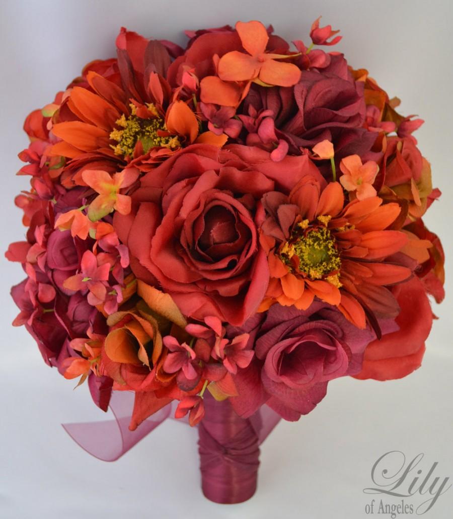 Hochzeit - 17pcs Wedding Bridal Bouquet Silk Flower Decoration Package APPLE RED ORANGE "Lily of Angeles"