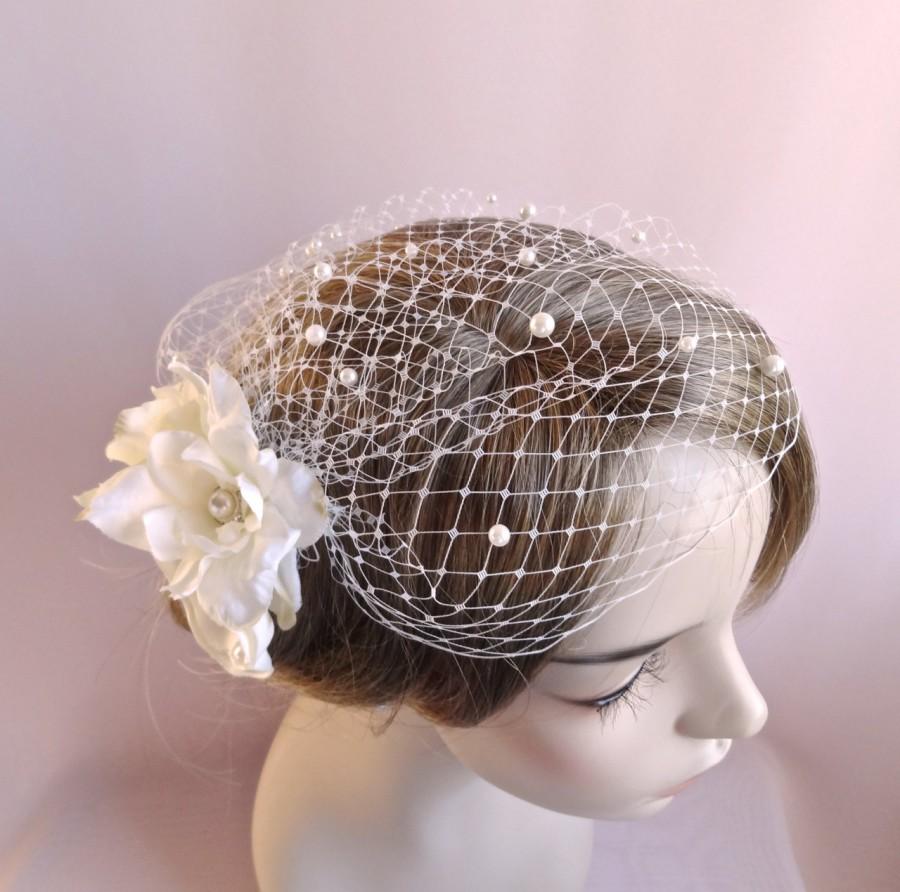 زفاف - Bridal birdcage veil with flowers, bridal headpiece,  wedding bird cage veil with pearls,  wedding hair accessory Style 810