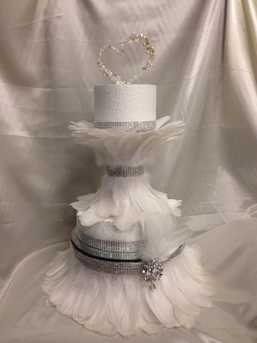 Wedding - Feather & diamante design wedding cake stand +  riser  set of 2  - many colours - all sizes