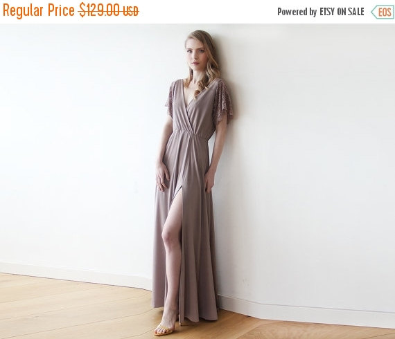 Wedding - Taupe wrap dress with lace sleeves, Maxi taupe gown with slit, Short sleeves lace dress