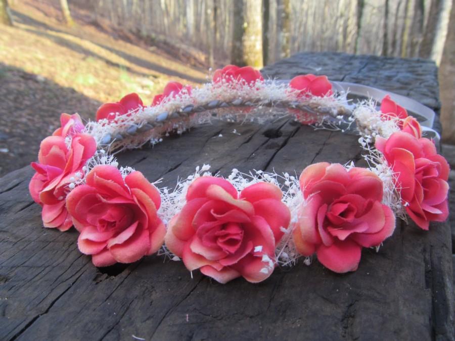 زفاف - pink rose flower crown, pink flower crown, rustic wedding, boho wedding, pink flowercrown, pink wedding, babies breath crown, headband