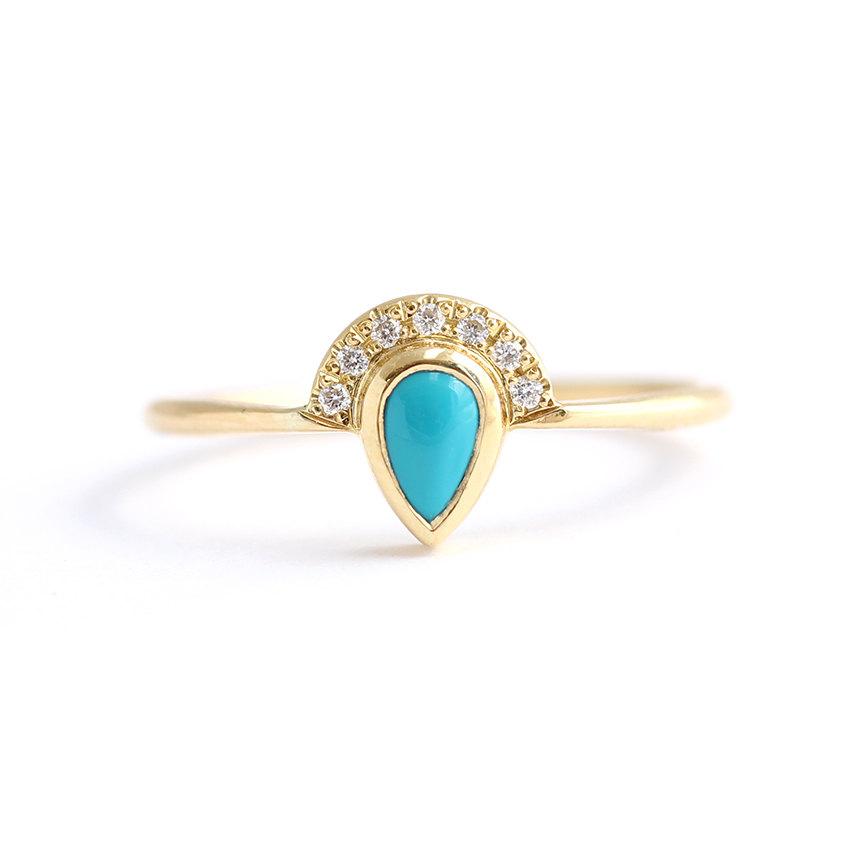 Mariage - Turquoise Engagement Ring with Half Diamond Halo - Turquoise & Diamond Engagement Ring - Gold Turquoise Ring