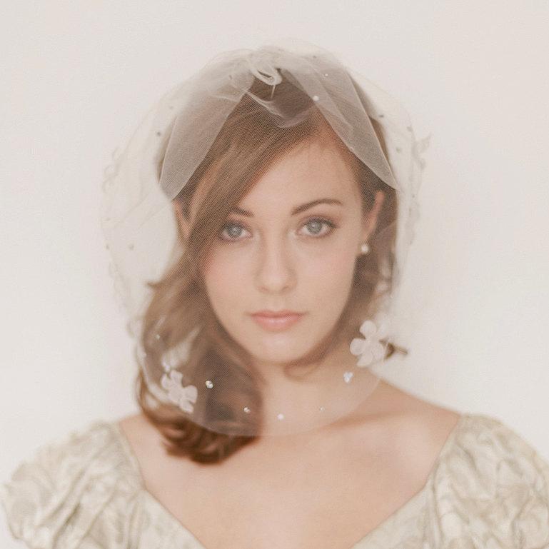Wedding - Birdcage blusher veil tulle with blossoms and rhinestones 733