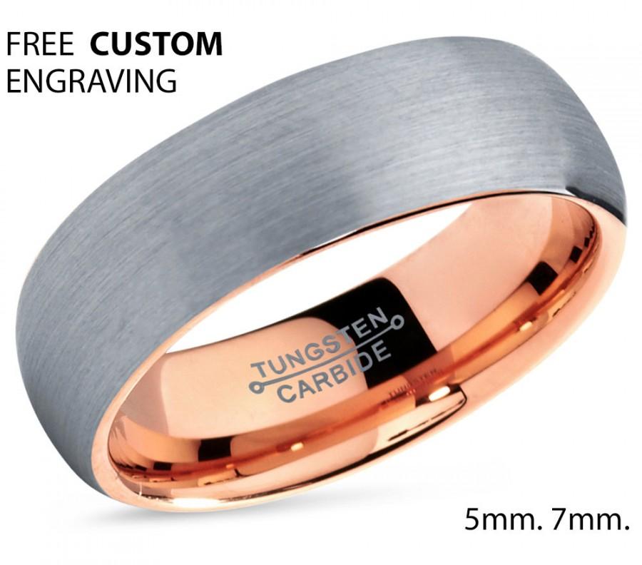 Hochzeit - Tungsten Ring Rose Gold Brushed Silver Wedding Band Ring Tungsten Carbide 7mm 18K Tungsten Ring Man Male Women Anniversary Matching