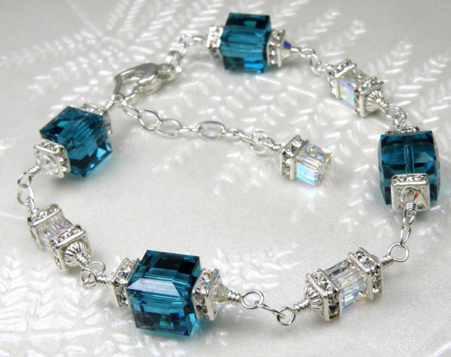 Hochzeit - Teal Crystal Bracelet, London Blue Topaz Swarovski Cube, Deep Teal Wedding Jewelry, Bridesmaid Bracelet, Sterling Silver, December Birthday