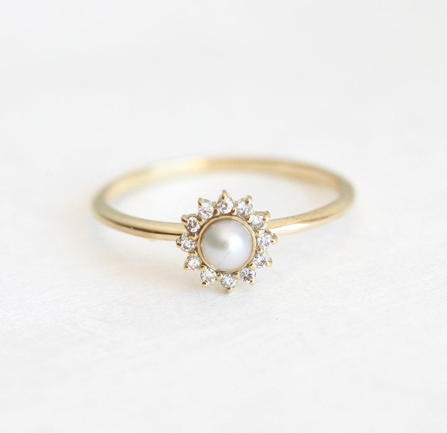 Wedding - White Pearl Ring with diamonds, Pearl Engagement Ring, Diamond Pearl Ring, Pearl And Diamond Ring, 14k gold