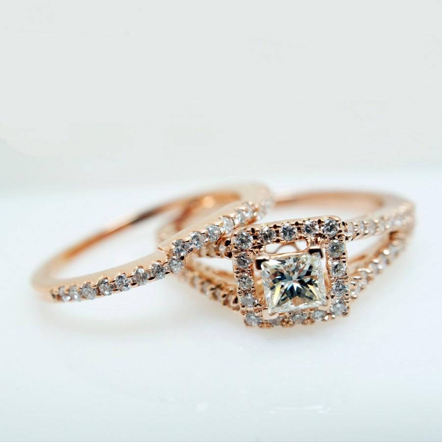 Свадьба - SALE - 14k Rose Gold Princess Cut Diamond Square Halo Engagement Ring & Wedding Band - Size 6 (Complete Bridal Wedding Set)