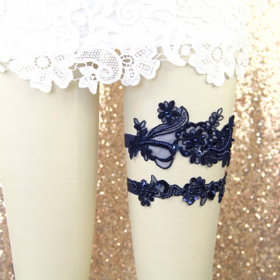 Wedding - Wedding Garter Set,Navy Beaded Lace Wedding Garter Set, Navy Lace Garter Set, Toss Garter , Wedding Garter Belt/ GT-65
