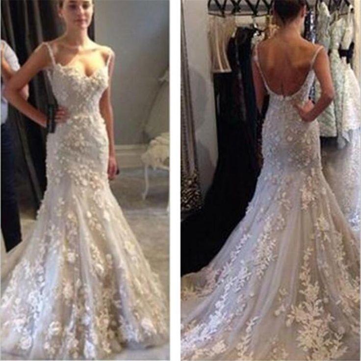 زفاف - White Lace Mermaid Wedding Dresses, Sexy Backless Prom Dresses, Gorgeous Prom Gown