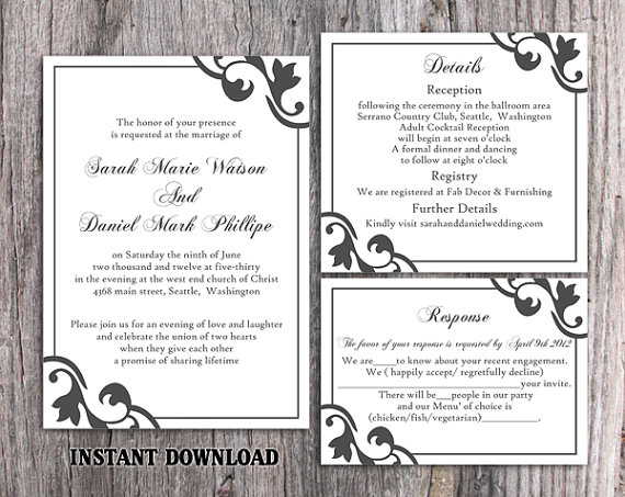 Свадьба - DIY Wedding Invitation Template Set Editable Word File Instant Download Printable Invitation Black Wedding Invitation Elegant Invitations