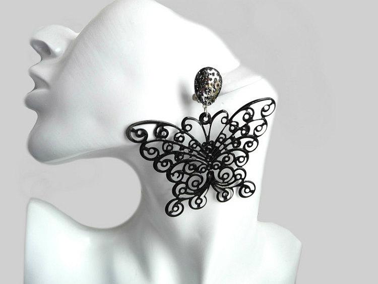 Hochzeit - Black Earrings, Big Black Earrings, Butterfly Earrings, Black Butterfly, Big Butterfly Clips, Statement Earrings, Black Lace Earrings, Black