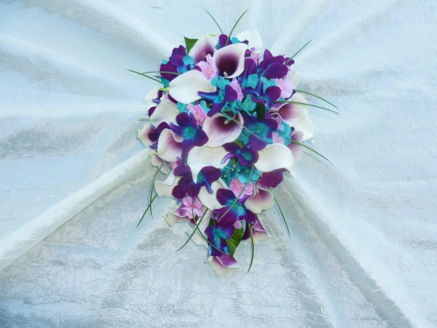 Wedding - Bridal cascading bouquet, galaxy orchid, purple blue orchid, picasso calla and turquoise teardrop bouquet, turquoise accent