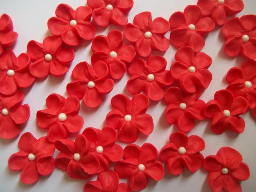 Wedding - Small red royal icing flowers -- Cake decorations cupcake toppers (24 pieces)