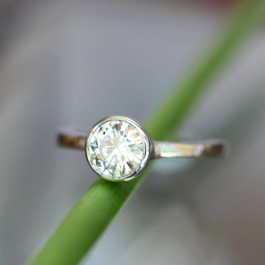 Wedding - 6.5mm Forever Brilliant Moissanite 14K Striking Frost White Gold Engagement Ring, Stacking RIng - Made To Order