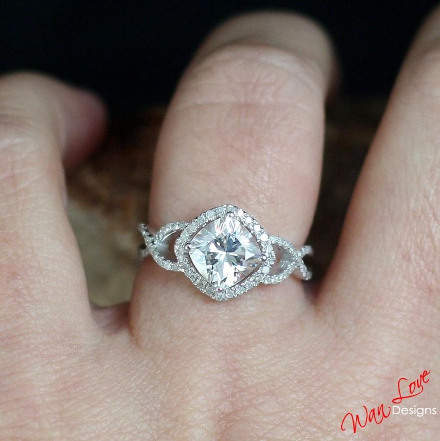 Hochzeit - Moissanite & Diamond Cushion Twist Band Halo Engagement Ring 2ct 7.5mm 14k 18k White Yellow Rose Gold-Platinum-Custom-Wedding-Anniversary