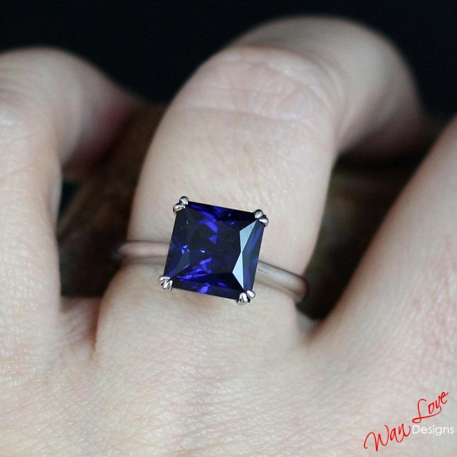 Mariage - Blue Sapphire Engagement Ring Solitaire Square Princess 3.80 4 ct 9mm 14k 18k White Yellow Rose Gold-Platinum-Custom-Wedding-Anniversary