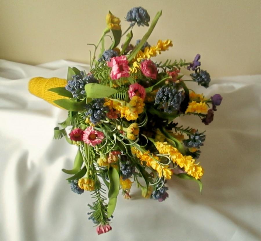 Свадьба - Wildflower Bridal Bouquet with Boutonniere, Wildflower Wedding, Paper Flower Bouquet, Silk Rosemary,  Alternative Bouquet, Wedding Package