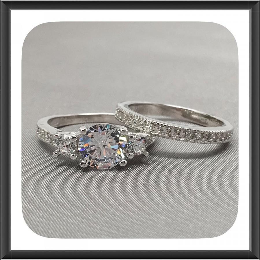 زفاف - 1.00 Ct. Micropavé Vintage Style Three-Stone Cubic Zirconia Engagement Ring Set In Rhodium Plated Sterling Silver, Wedding Ring Set