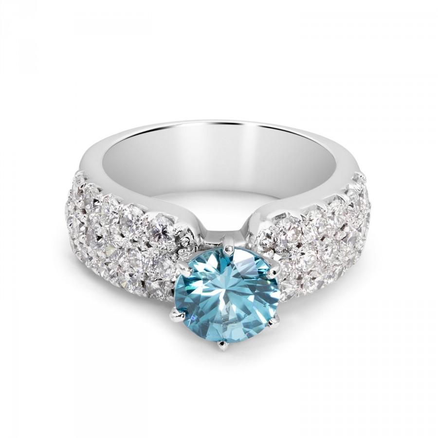 زفاف - 14K White Gold, Diamond Pave & Blue Zircon WOW Ring - 3.53 total carats