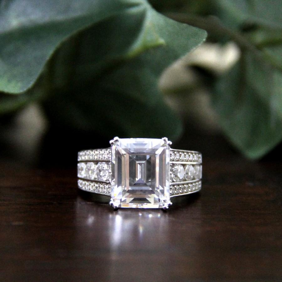 Hochzeit - 3.90 ct Engagement Ring-Emerald Cut Diamond Simulant Ring-Wedding Ring-Bridal Ring-Promise Ring-Anniversary Ring-925 Sterling Silver [9151]