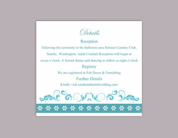 Hochzeit - DIY Wedding Details Card Template Editable Word File Download Printable Details Card Aqua Blue Details Card Elegant Information Cards
