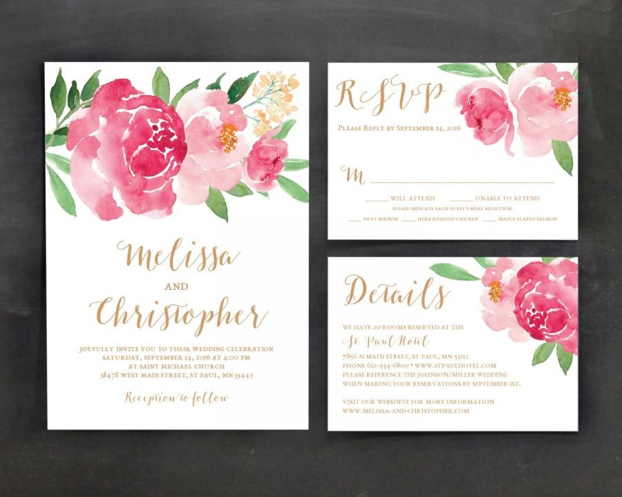Hochzeit - Printable Wedding Invitation Template Set, Floral Wedding Invitation, Watercolor, Flower, Blush, Gold, Peony, Peonies, Boho Chic, Floral