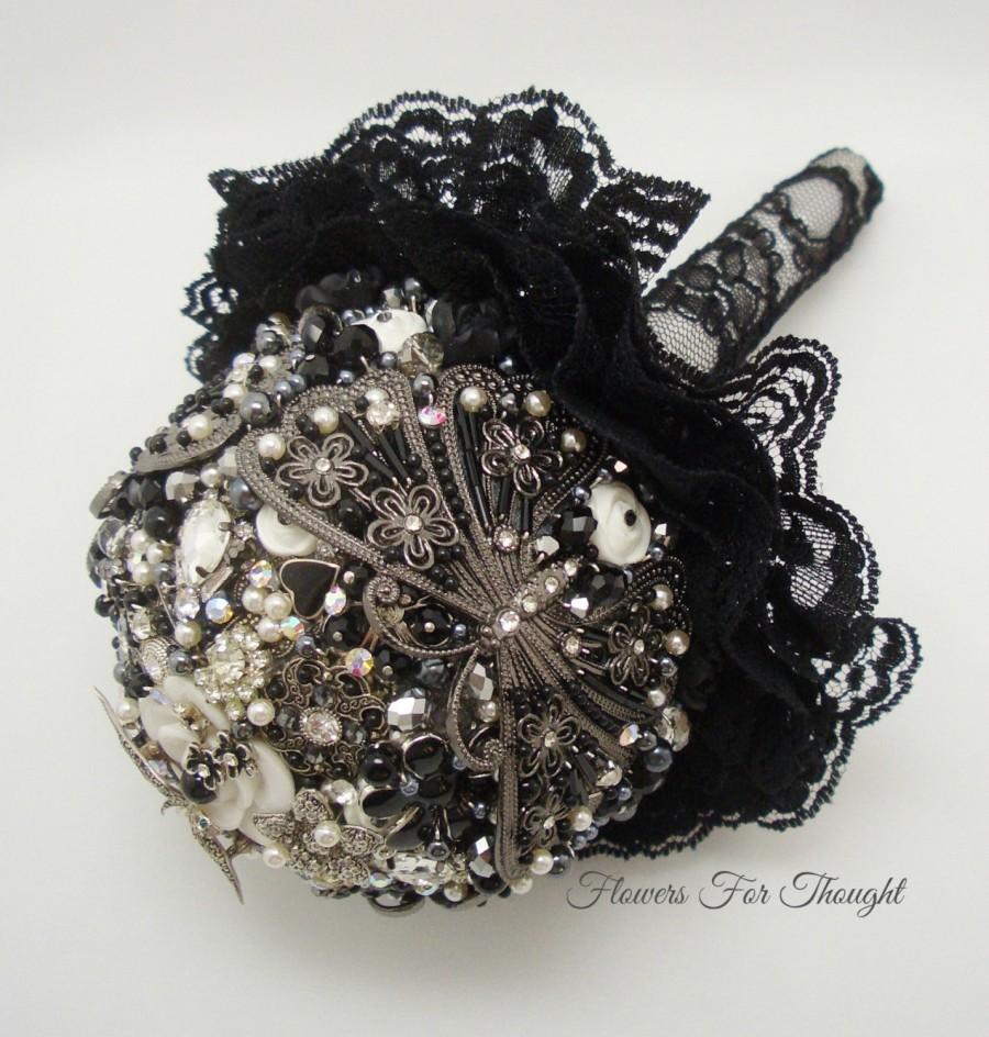 Wedding - Black Brooch Bouquet, Wedding Keepsake Posy, Onyx, Hematite and Marcasite Bridal Accessory, Original FFT Design