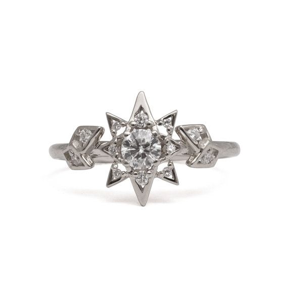 Свадьба - Moissanite Art Deco Star Engagement Ring - 14K White Gold And Moissanite Unique Engagement Ring, Star Ring, Vintage, Halo Ring, 2