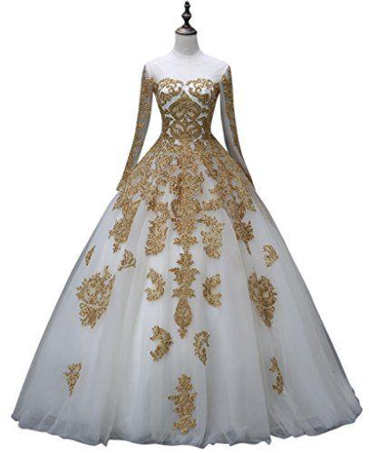 Wedding - Gold Lace Applique Long Sleeve Wedding Dress