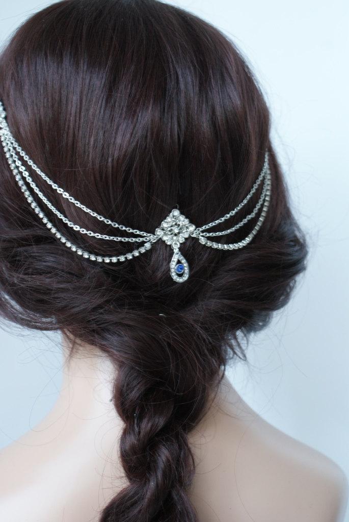 زفاف - Wedding Headpiece with crystals and 'something blue' - Bohemian Wedding Headpiece -Bridal Hair Accessory -Downton abbey 1920s Headpiece