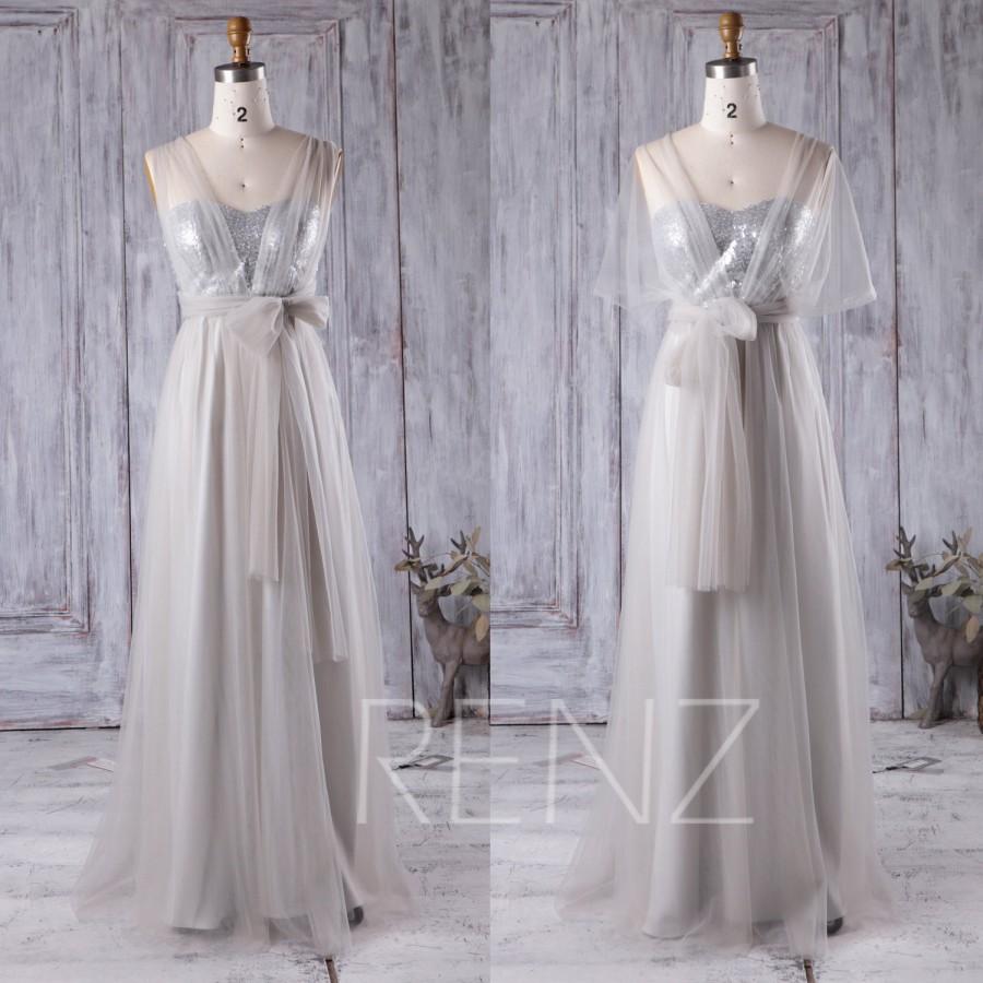 Mariage - 2016 Light Gray Mesh Bridesmaid Dress, Long Sweetheart Silver Sequin Wedding Dress, Convertible Strapless Prom Dress Floor Length (LQ151)