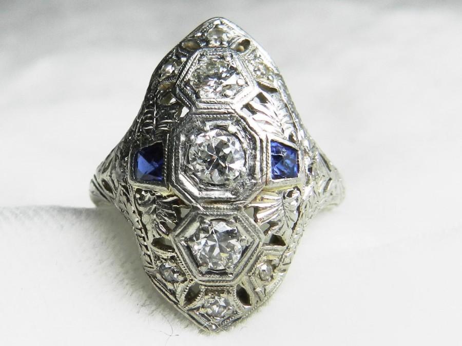 Wedding - Engagement Ring 1920's Art Deco Ring 0.62cttw Old Europrean Cut Diamonds 0.22cttw French Cut Natural Sapphire Platinum Navette Setting