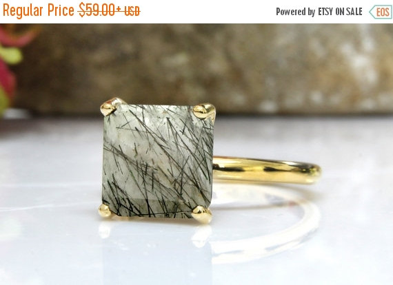 Свадьба - 25% OFF SALE - gold stacking ring,back rutilated quartz ring,gemstone ring,delicate ring,prong setting ring,semiprecious rings