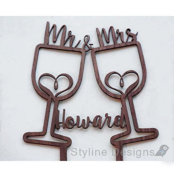 زفاف - Rustic Wine Cups with Hearts - Mr and Mrs - Personalized Name Wedding Cake Topper - Laser Cut Wood Cake Topper