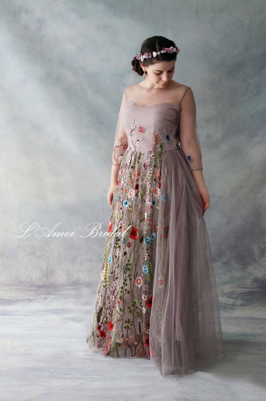 زفاف - Chic Embroidered Lace Long Sleeve Bridal Wedding Dress Perfect For Woodland/Beach Wedding Gorgeous Bridesmaid or Prom Dress