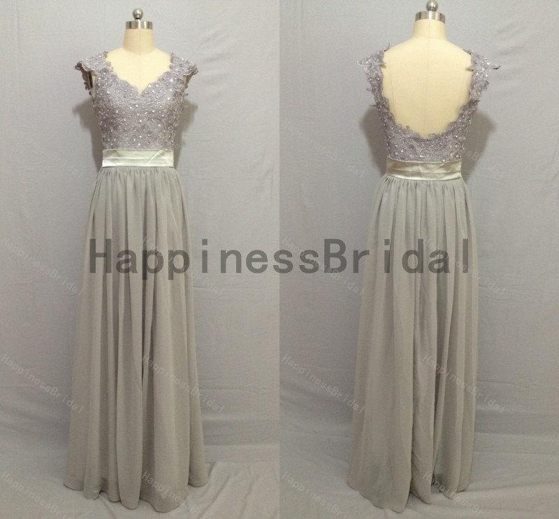 Wedding - Grey chiffon dress with applique,long prom dress,evening dress,fashion bridesmaid dress,chiffon prom dress,long formal evening dress 2014