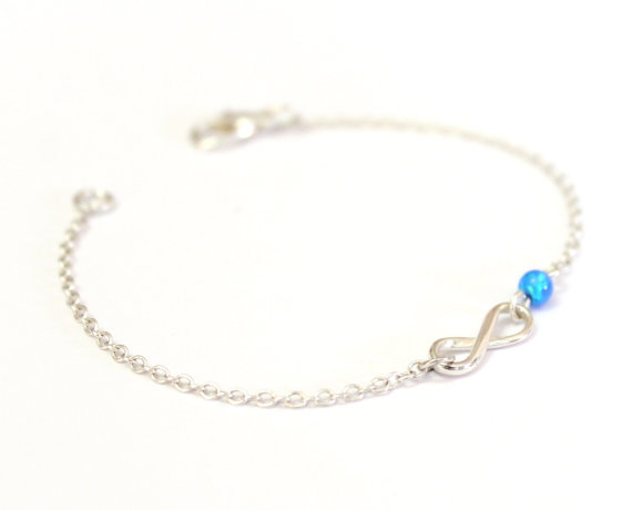 Wedding - Sterling Silver Infinity and Opal Bracelet, blue tiny opal bracelet, Minimalist Delicate bracelet Birthday Gift, Everyday bracelet,