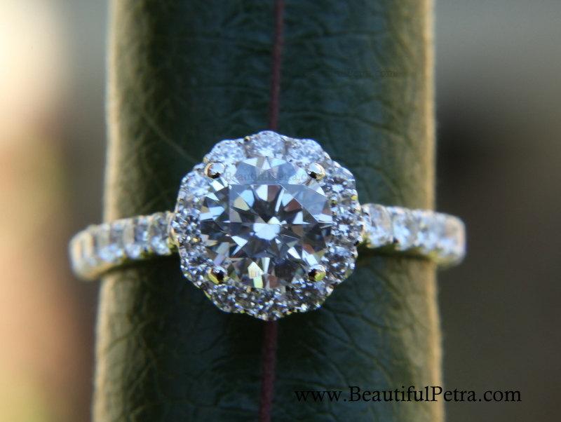 زفاف - Platinum CUSTOM Made - Diamond Engagement Ring  Semi Mount Setting- .61carat  Round - Flower Halo - Pave - Antique Style - Bp0014