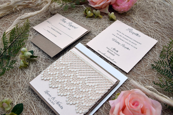 Mariage - Custom Coral Wedding Invitation, Rustic Lace Wedding Invitation Kit, Simple Wedding Invitation, Pocketfold Wedding Invitation - SAMPLE