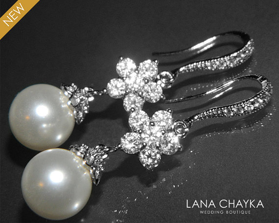 Mariage - White Pearl Silver CZ Bridal Earrings Pearl Drop CZ Earrings Bridal Pearl Dangle Earrings Swarovski 10mm Pearl Earrings Wedding Jewelry