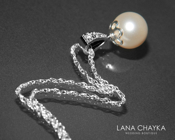 Mariage - LIGHT CREAMROSE Pearl Bridal Necklace Small Pearl Drop Sterling Silver Wedding Necklace Swarovski 8mm Pearl Necklace Single Pearl Necklace