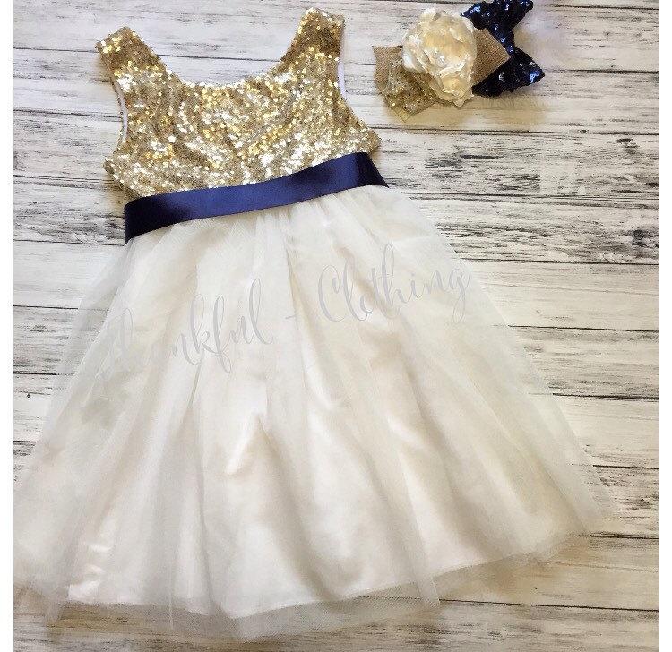 Hochzeit - Flower Girl Dress, Ivory Flower Girl Dress, Gold sequin Dress, Ivory lace dress, ivory tulle dress, girls gold sparkle dress, Floor Length