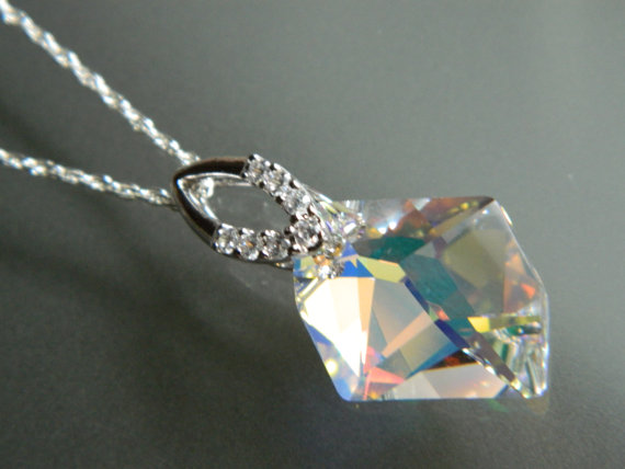 Hochzeit - Aurora Borealis Crystal Necklace Swarovski 20mm AB Crystal Sterling Silver Cubic Zirconia Necklace Wedding Crystal Jewelry Bridal Necklace