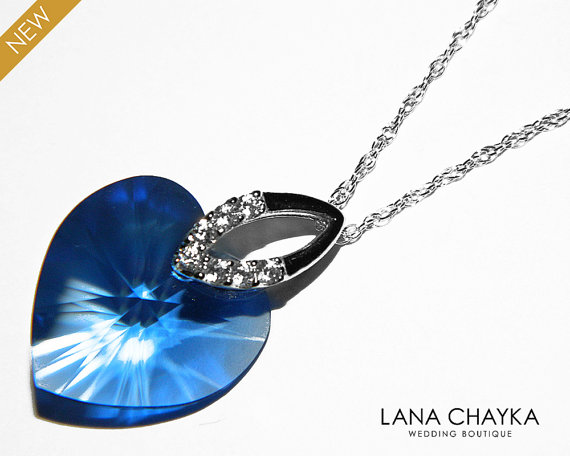 زفاف - Sapphire Blue Heart Crystal Necklace Sapphire Heart Sterling Silver Necklace Swarovski Sapphire Heart Necklace Blue Crystal Wedding Necklace