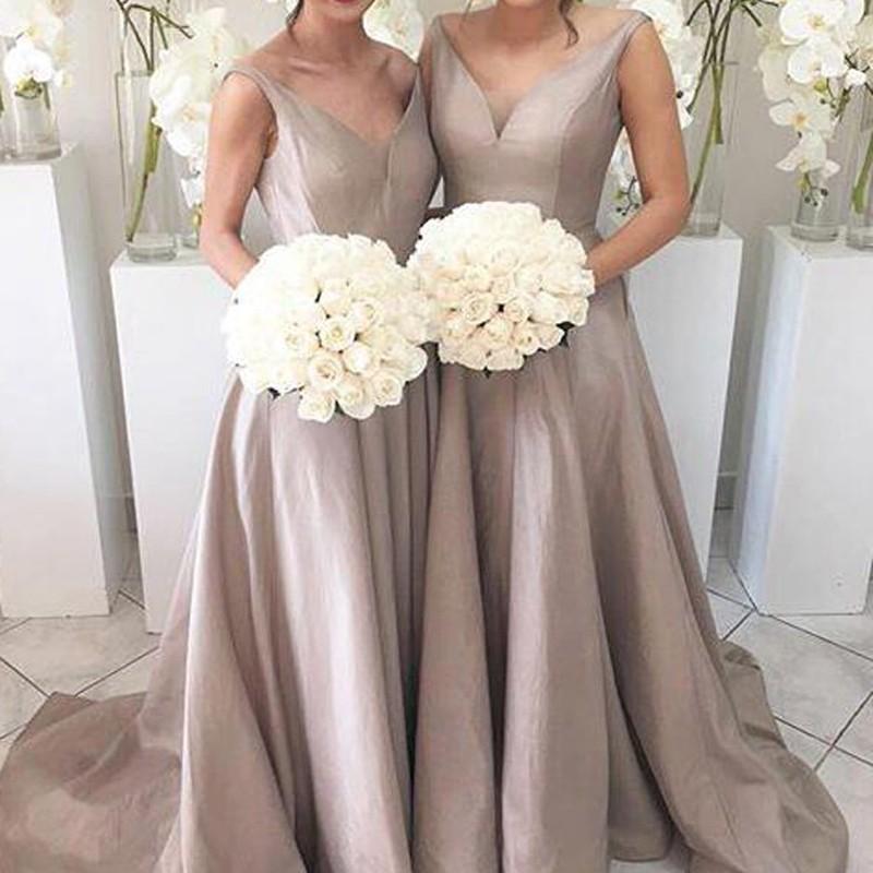 Hochzeit - Simple Bridesmaid Dress - Silver V-neck Ruched Taffeta with Sweep Train