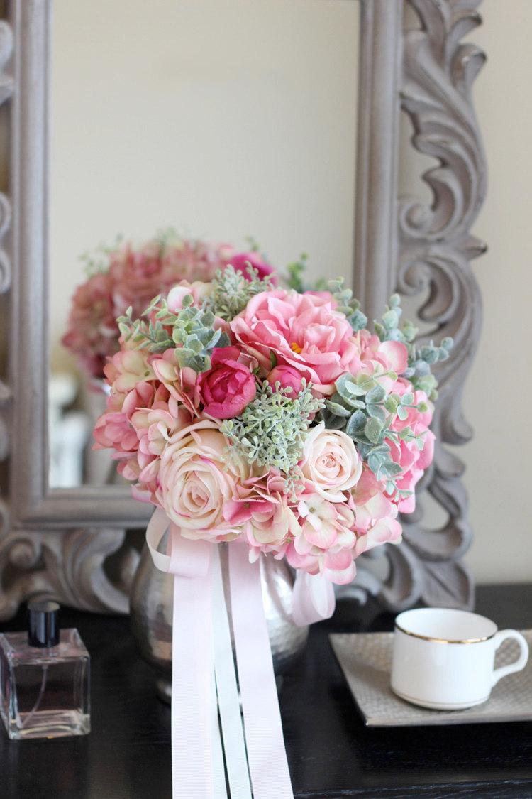 Wedding - Silk Wedding Bouquet - Pink Bouquet - Long-lasting Bouquet - Bridal Bouquet - Artifical Bouquet - Peonies, Roses, Garden Roses, Hydrangeas